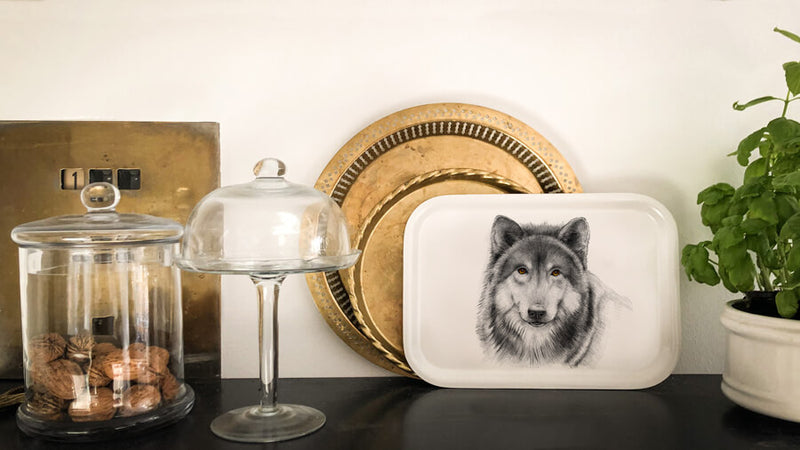 wolf on wooden tray